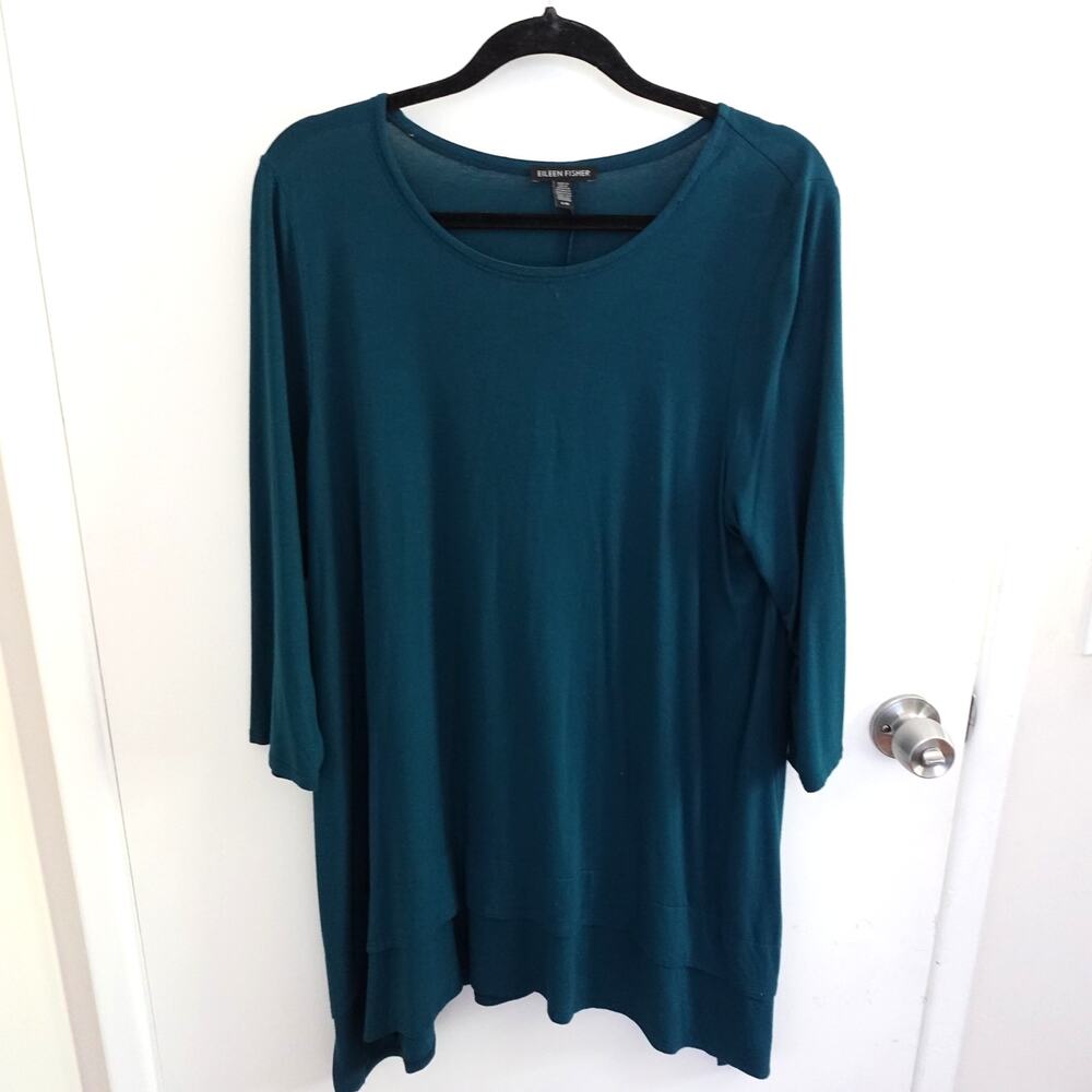 Eileen Fisher Tunic Asymmetric Hem Jersey Knit Women's L Teal Minimalist Casual